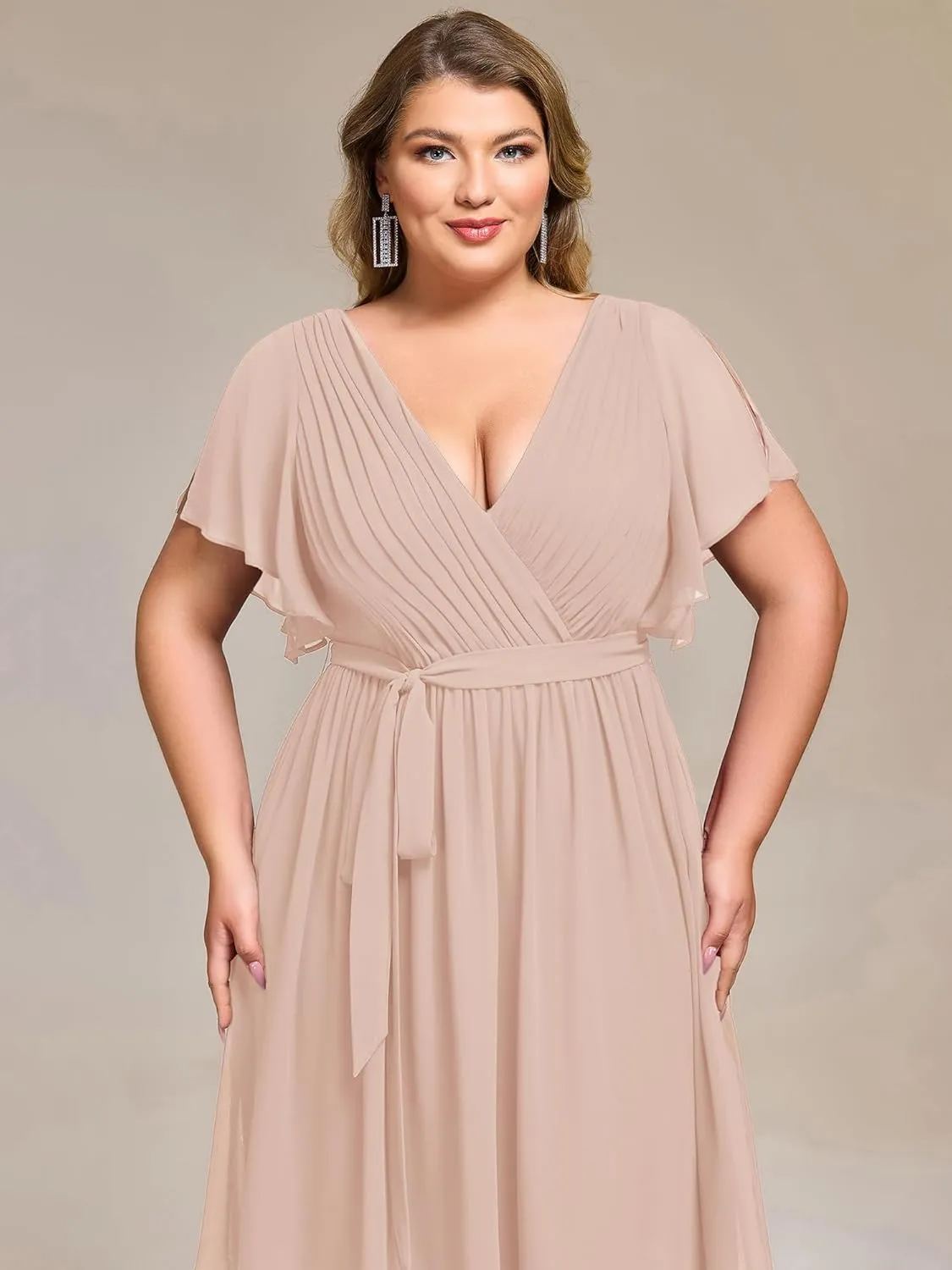 Ever-Pretty Women's Chiffon V Neck Short Sleeves Tie Waist Pleated Knee Length Plus Size Cocktail Wedding Guest Dresses