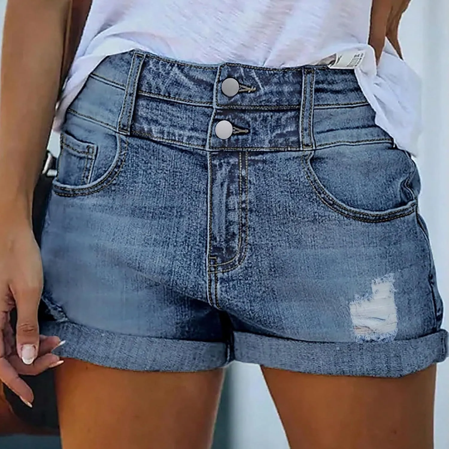 fanmpghleoo Jean Shorts Womens High Waisted Fold Hem Ripped Denim Shorts Summer Casual Baggy Jorts Distressed Jeans Short