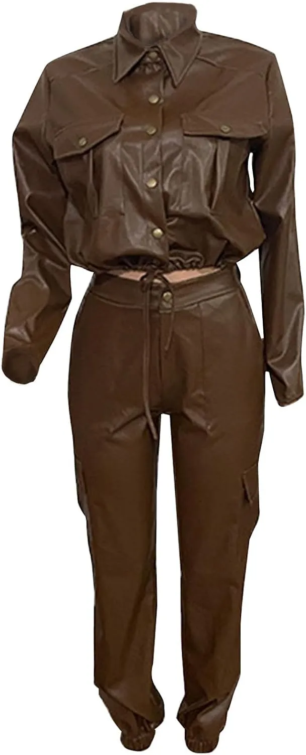 Fashion Outfits for Women Two Piece Faux Leather Matching Sets Cropped Long Sleeve Moto Jackets & Cargo Pants