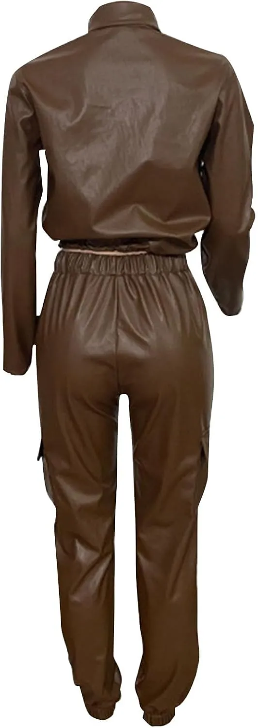 Fashion Outfits for Women Two Piece Faux Leather Matching Sets Cropped Long Sleeve Moto Jackets & Cargo Pants