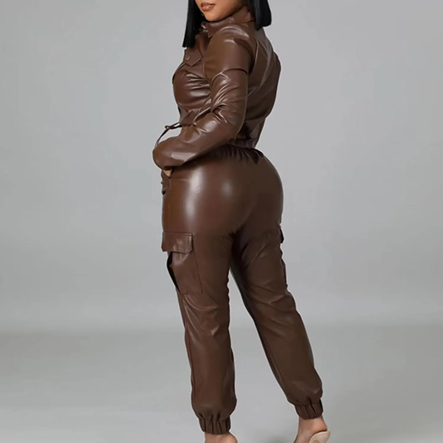 Fashion Outfits for Women Two Piece Faux Leather Matching Sets Cropped Long Sleeve Moto Jackets & Cargo Pants