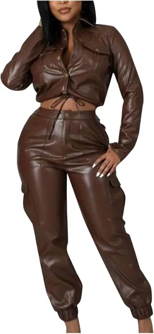 Fashion Outfits for Women Two Piece Faux Leather Matching Sets Cropped Long Sleeve Moto Jackets & Cargo Pants
