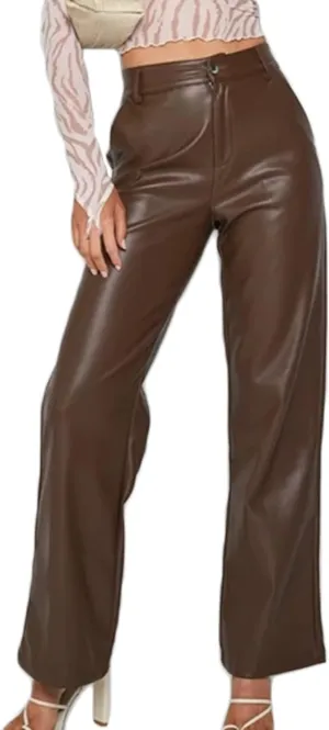 Faux Leather Pants for Women Solid Color High Waist Straight Leg Trousers Vintage 90s Streetwear Pant with Pockets