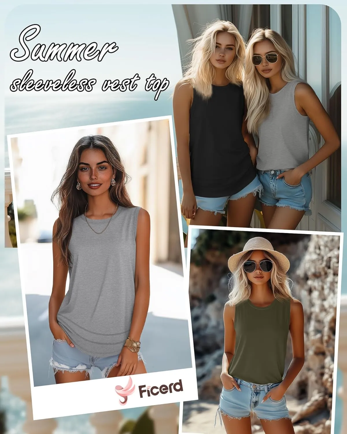 Ficerd 3 Pack Women's Tank Tops Sleeveless Crew Neck Summer T-Shirts Side Curved Hem Loose Casual Blouses