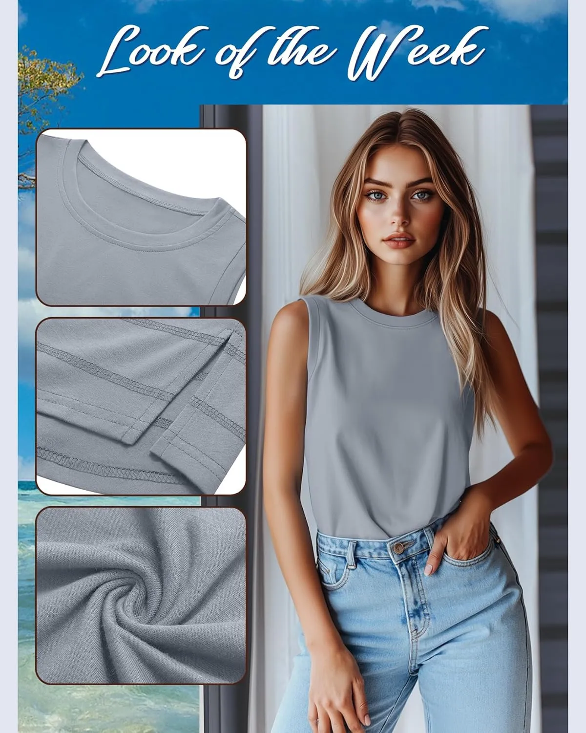 Ficerd 3 Pack Women's Tank Tops Sleeveless Crew Neck Summer T-Shirts Side Curved Hem Loose Casual Blouses