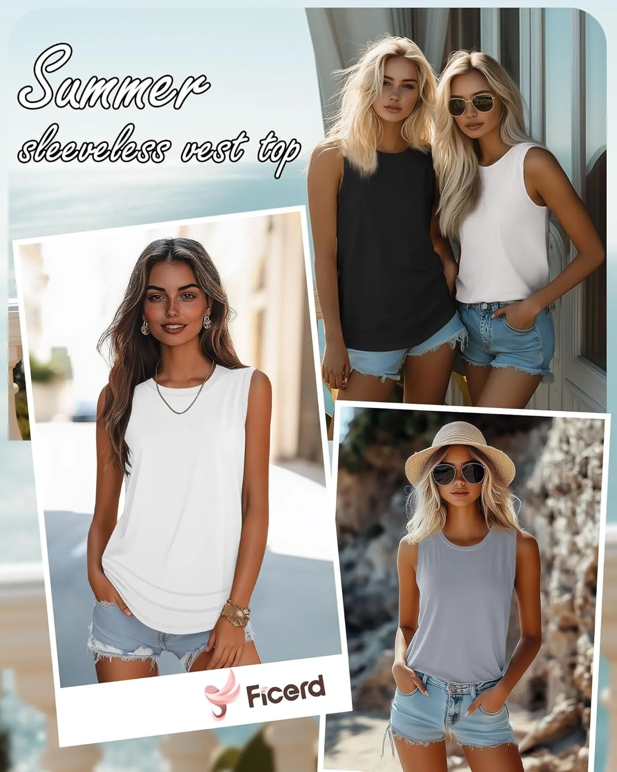 Ficerd 3 Pack Women's Tank Tops Sleeveless Crew Neck Summer T-Shirts Side Curved Hem Loose Casual Blouses