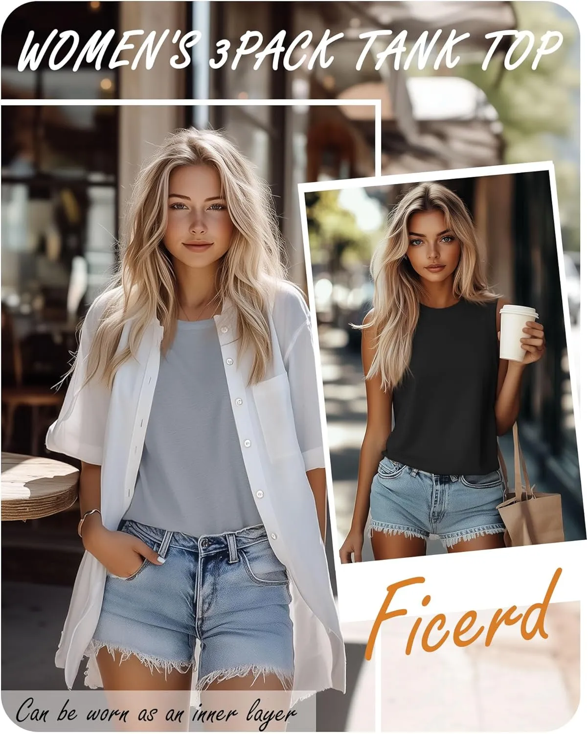 Ficerd 3 Pack Women's Tank Tops Sleeveless Crew Neck Summer T-Shirts Side Curved Hem Loose Casual Blouses