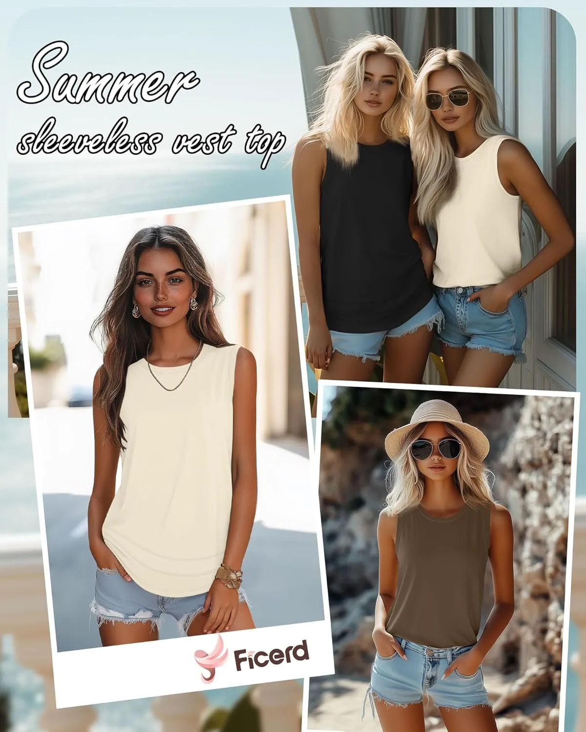 Ficerd 3 Pack Women's Tank Tops Sleeveless Crew Neck Summer T-Shirts Side Curved Hem Loose Casual Blouses