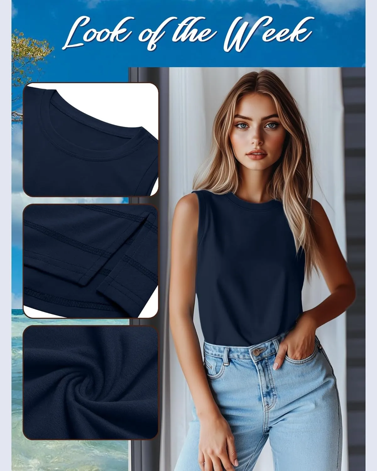 Ficerd 3 Pack Women's Tank Tops Sleeveless Crew Neck Summer T-Shirts Side Curved Hem Loose Casual Blouses