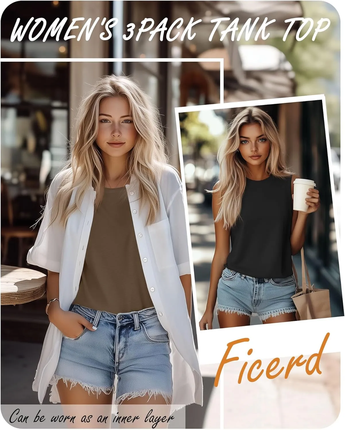 Ficerd 3 Pack Women's Tank Tops Sleeveless Crew Neck Summer T-Shirts Side Curved Hem Loose Casual Blouses