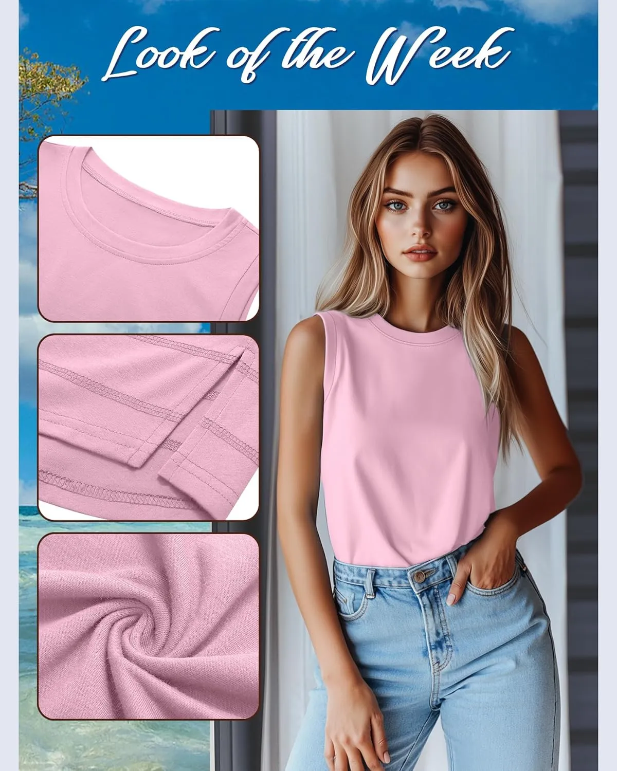 Ficerd 3 Pack Women's Tank Tops Sleeveless Crew Neck Summer T-Shirts Side Curved Hem Loose Casual Blouses