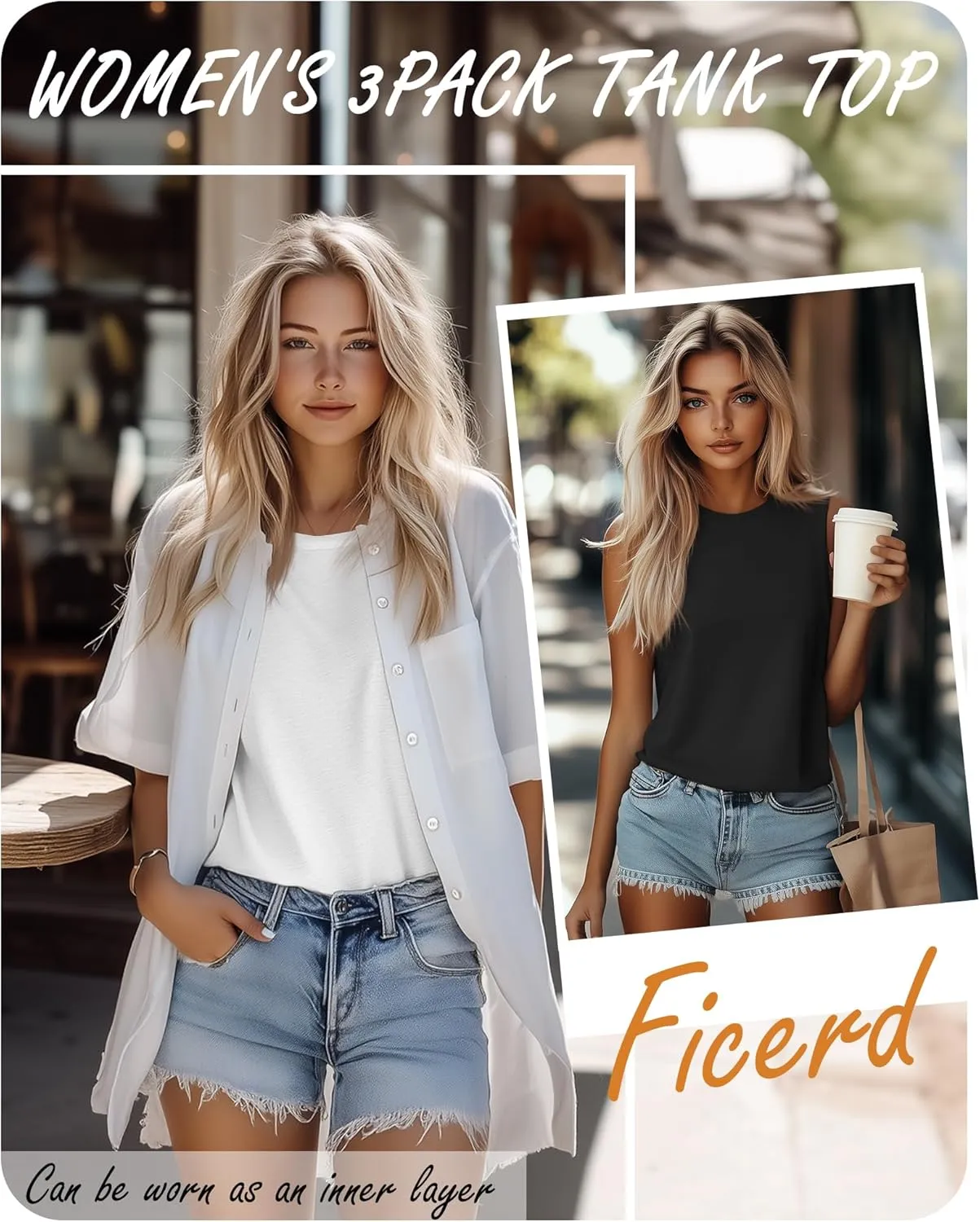 Ficerd 3 Pack Women's Tank Tops Sleeveless Crew Neck Summer T-Shirts Side Curved Hem Loose Casual Blouses