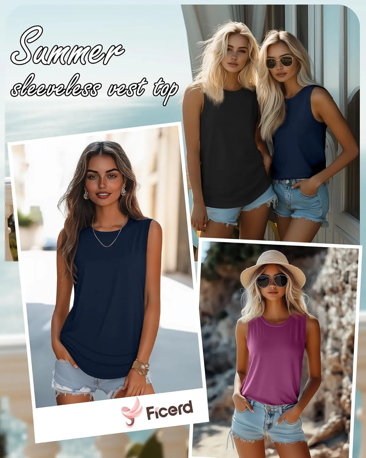 Ficerd 3 Pack Women's Tank Tops Sleeveless Crew Neck Summer T-Shirts Side Curved Hem Loose Casual Blouses