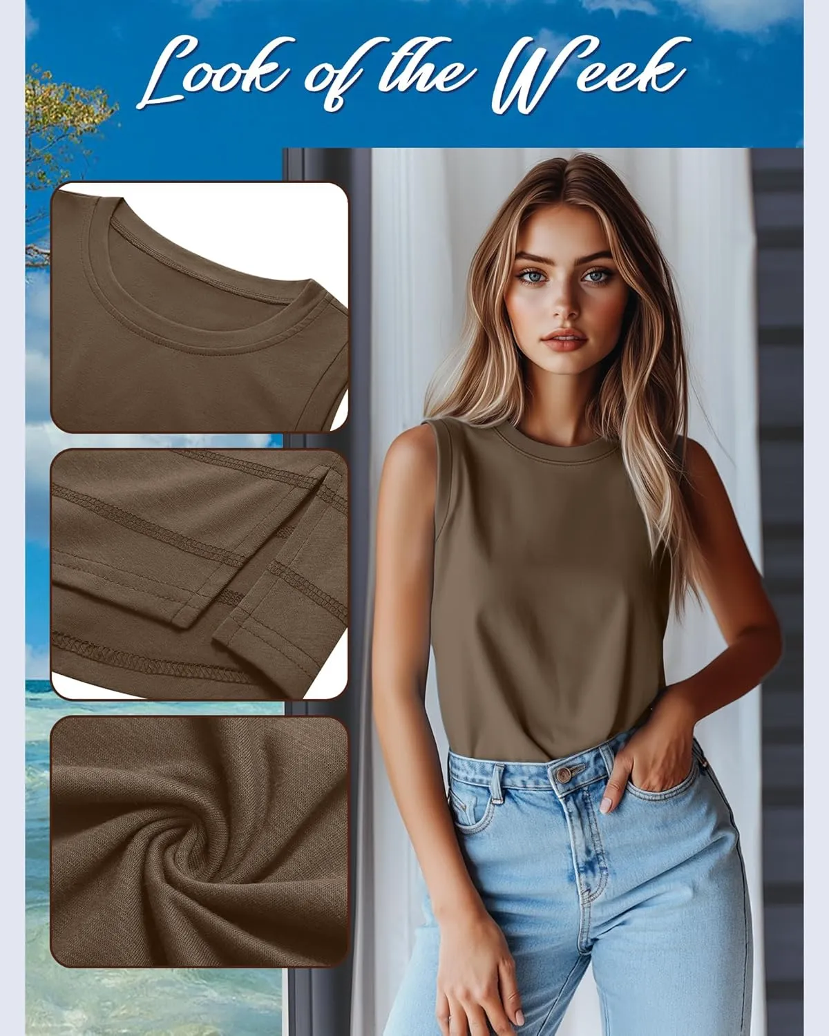 Ficerd 3 Pack Women's Tank Tops Sleeveless Crew Neck Summer T-Shirts Side Curved Hem Loose Casual Blouses