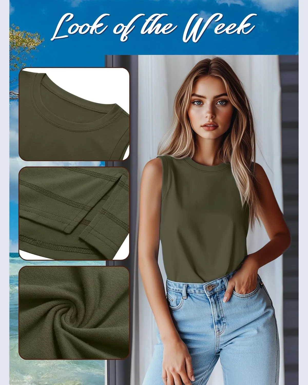 Ficerd 3 Pack Women's Tank Tops Sleeveless Crew Neck Summer T-Shirts Side Curved Hem Loose Casual Blouses