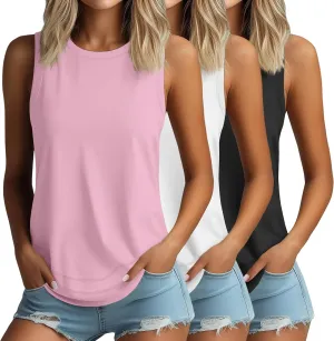 Ficerd 3 Pack Women's Tank Tops Sleeveless Crew Neck Summer T-Shirts Side Curved Hem Loose Casual Blouses