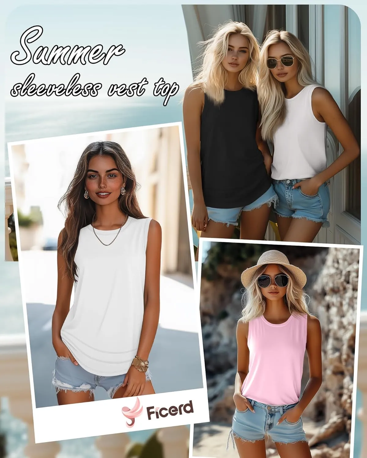 Ficerd 3 Pack Women's Tank Tops Sleeveless Crew Neck Summer T-Shirts Side Curved Hem Loose Casual Blouses