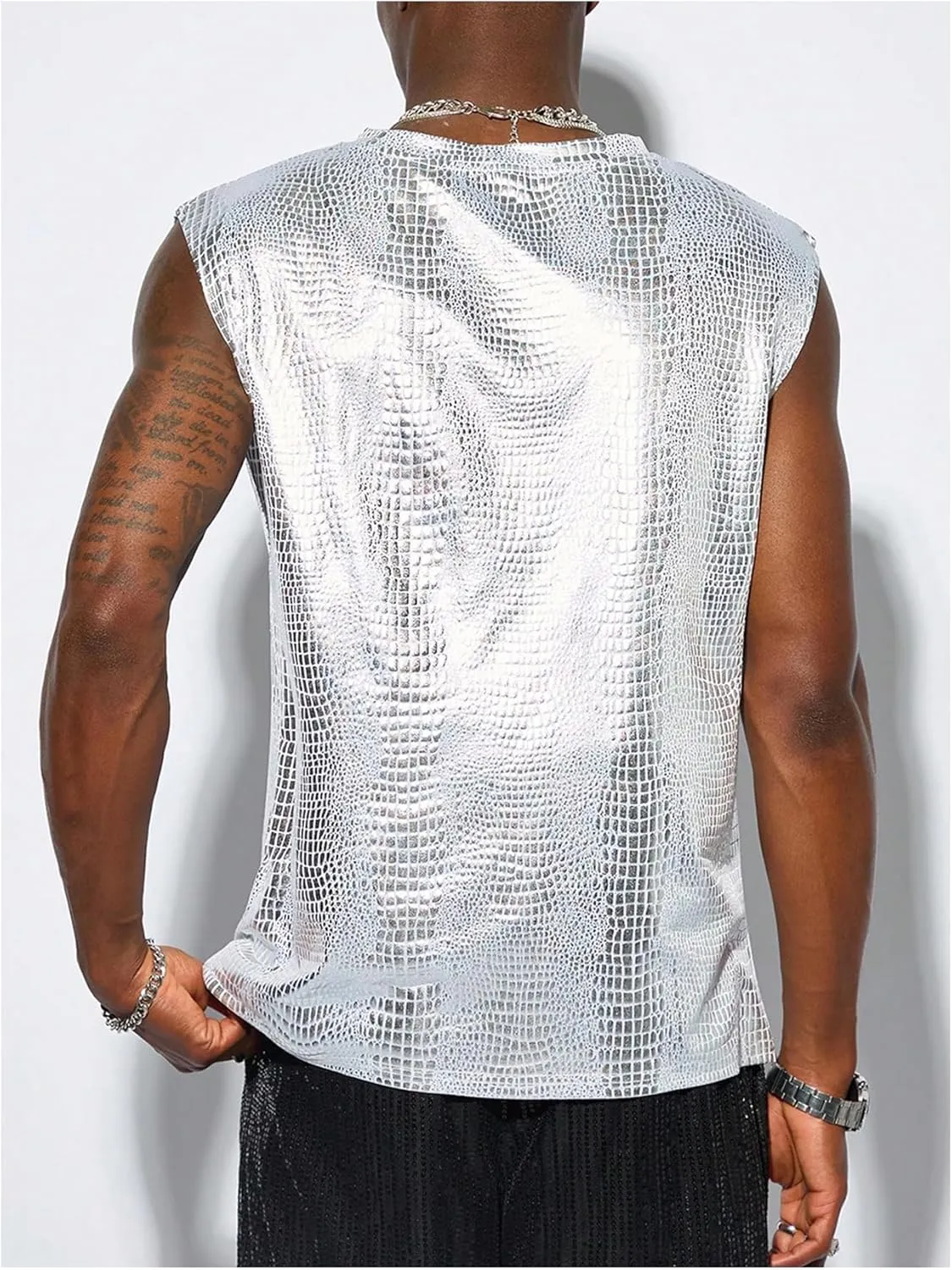 Floerns Men's Snakeskin Print Sleeveless Vest Tank Top Round Neck PU Street T Shirts