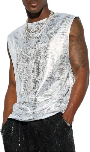 Floerns Men's Snakeskin Print Sleeveless Vest Tank Top Round Neck PU Street T Shirts