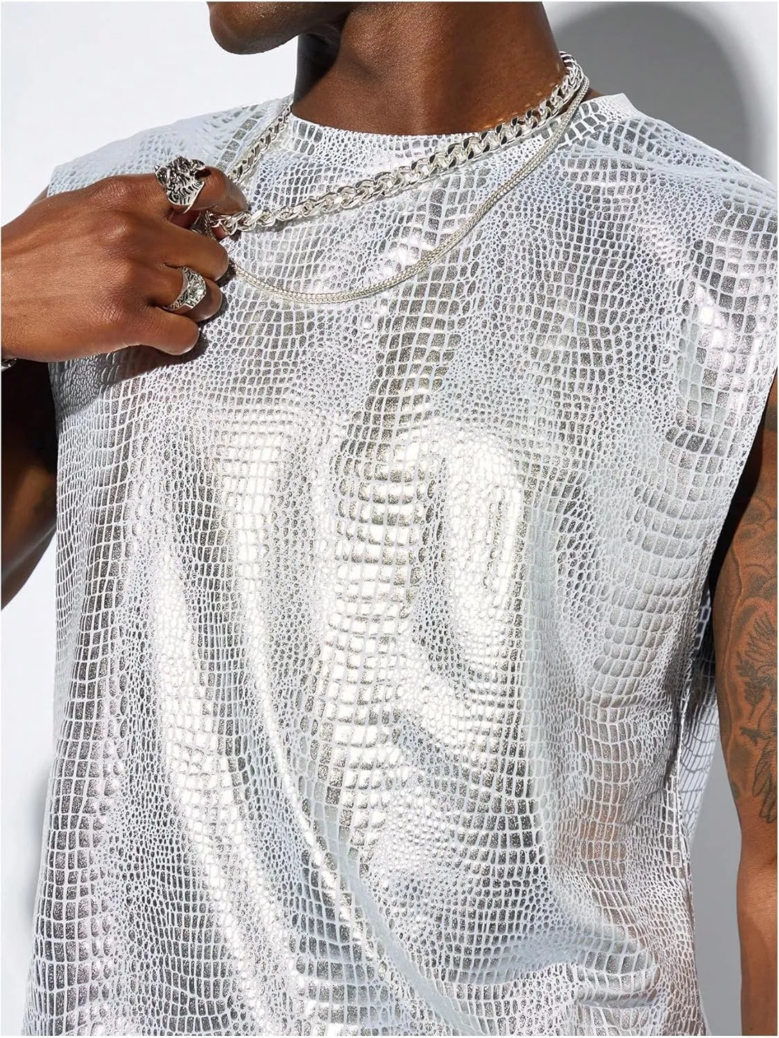 Floerns Men's Snakeskin Print Sleeveless Vest Tank Top Round Neck PU Street T Shirts
