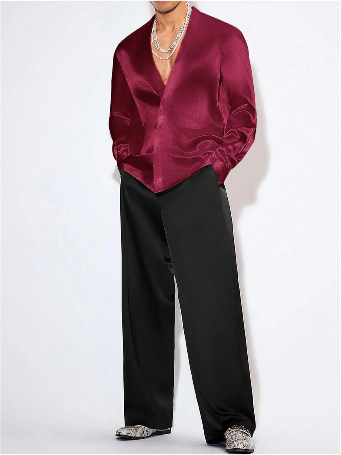 Floerns Men's Wedding Long Sleeve V Neck Shirts Shiny Satin Prom Party Club Shirts