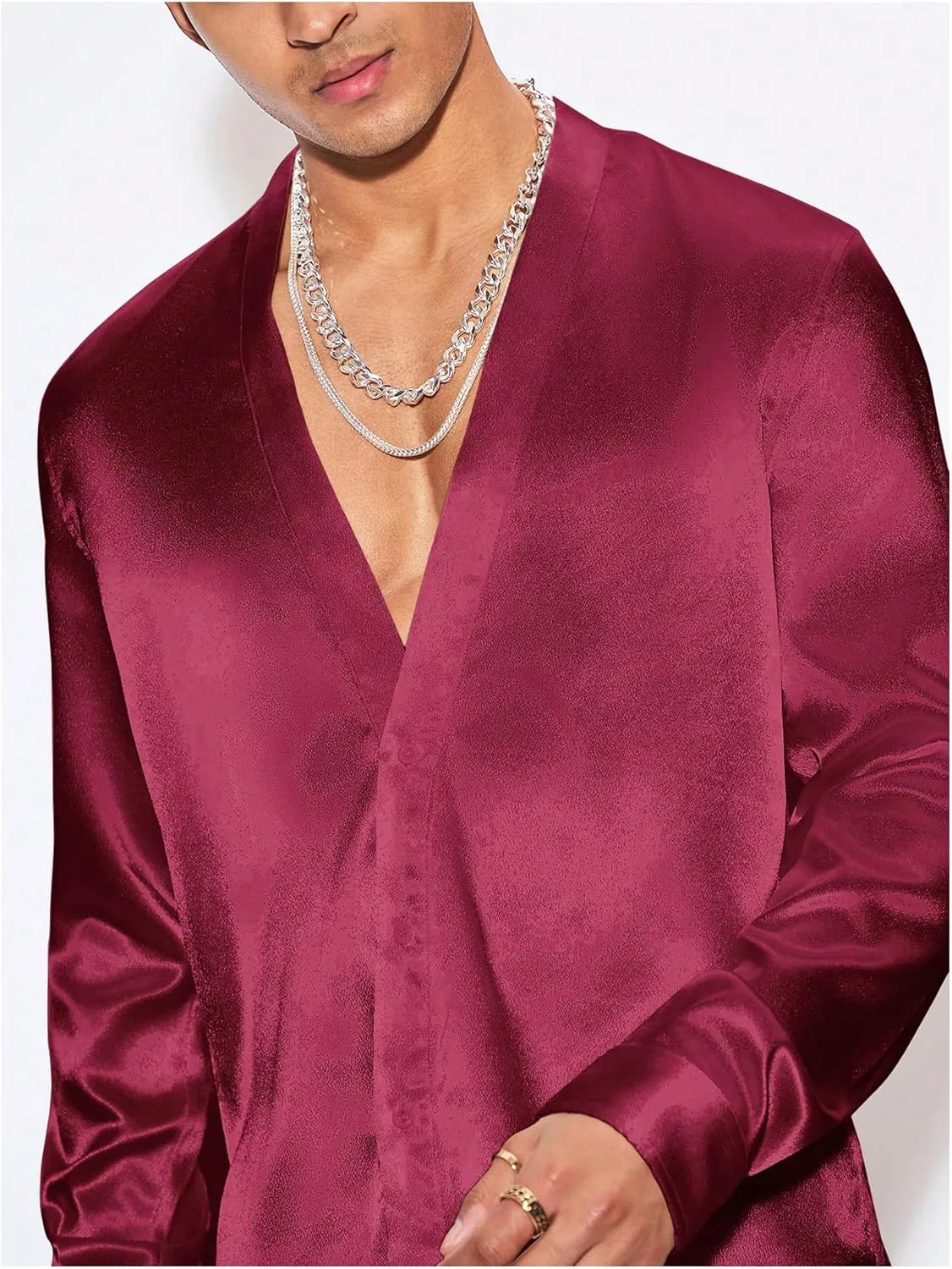 Floerns Men's Wedding Long Sleeve V Neck Shirts Shiny Satin Prom Party Club Shirts