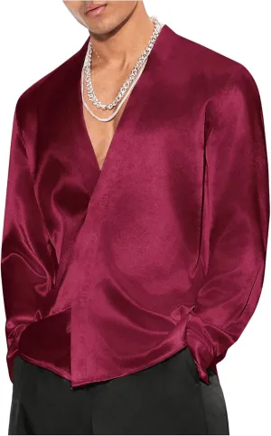 Floerns Men's Wedding Long Sleeve V Neck Shirts Shiny Satin Prom Party Club Shirts