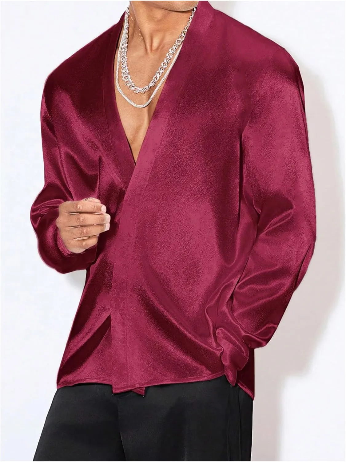 Floerns Men's Wedding Long Sleeve V Neck Shirts Shiny Satin Prom Party Club Shirts