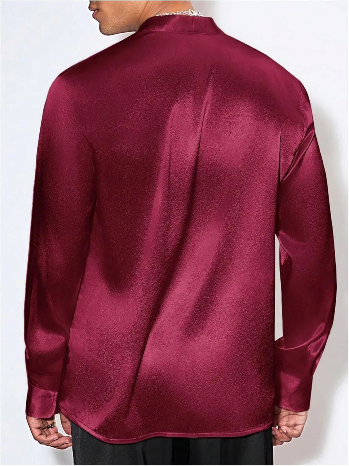 Floerns Men's Wedding Long Sleeve V Neck Shirts Shiny Satin Prom Party Club Shirts