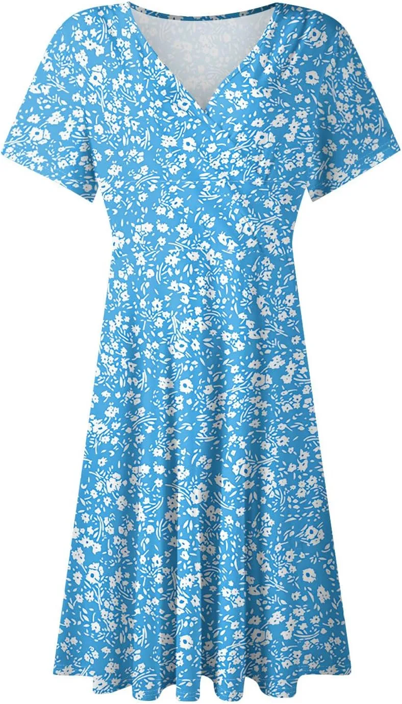 Floral Dress for Women Casual Summer V Neck Short Sleeve Knee Length Wrap Dress Cute Sundresses for Beach Vacation