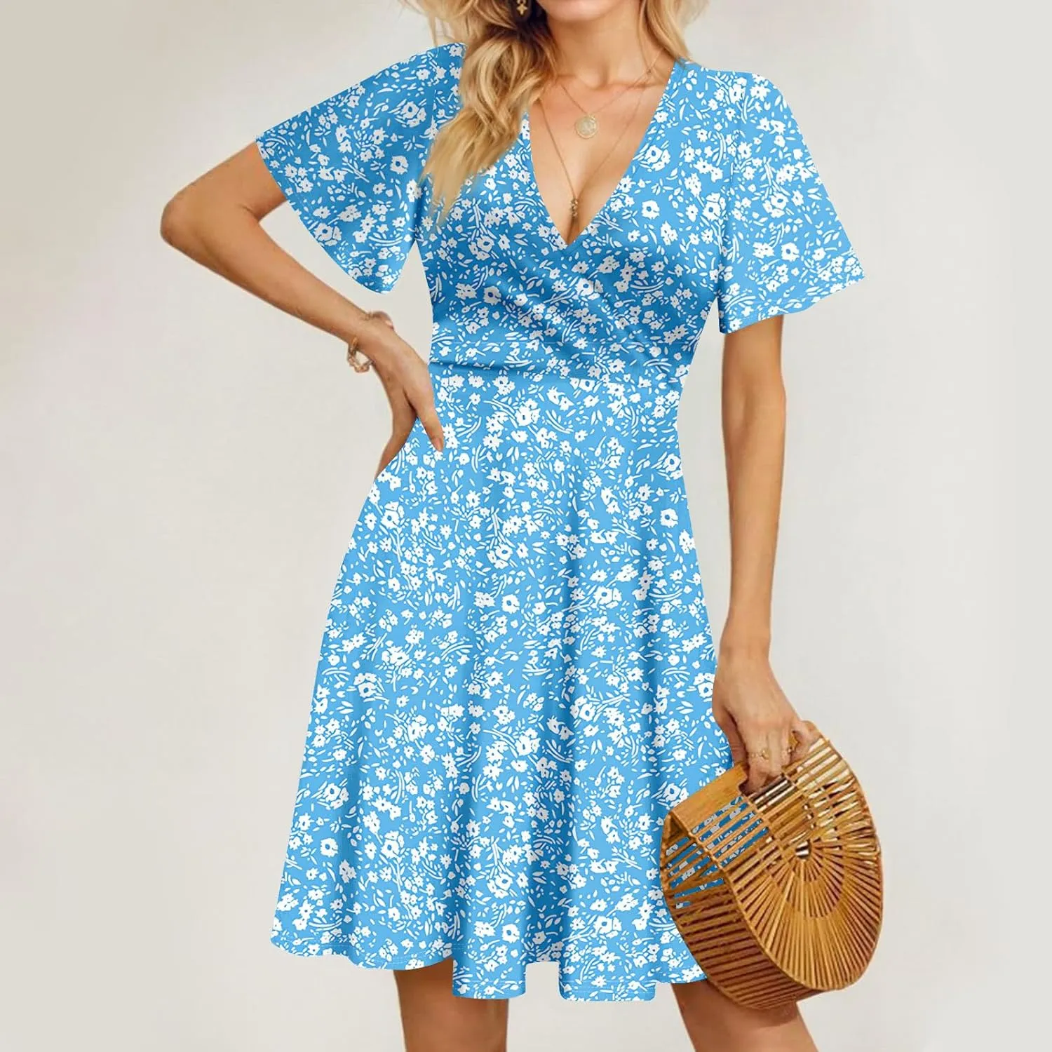 Floral Dress for Women Casual Summer V Neck Short Sleeve Knee Length Wrap Dress Cute Sundresses for Beach Vacation