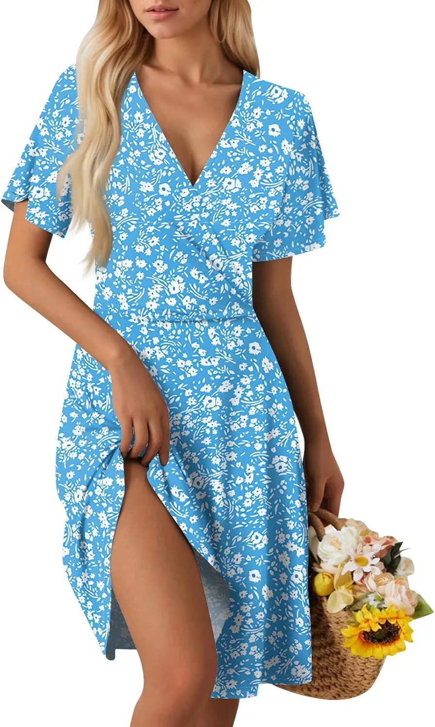 Floral Dress for Women Casual Summer V Neck Short Sleeve Knee Length Wrap Dress Cute Sundresses for Beach Vacation