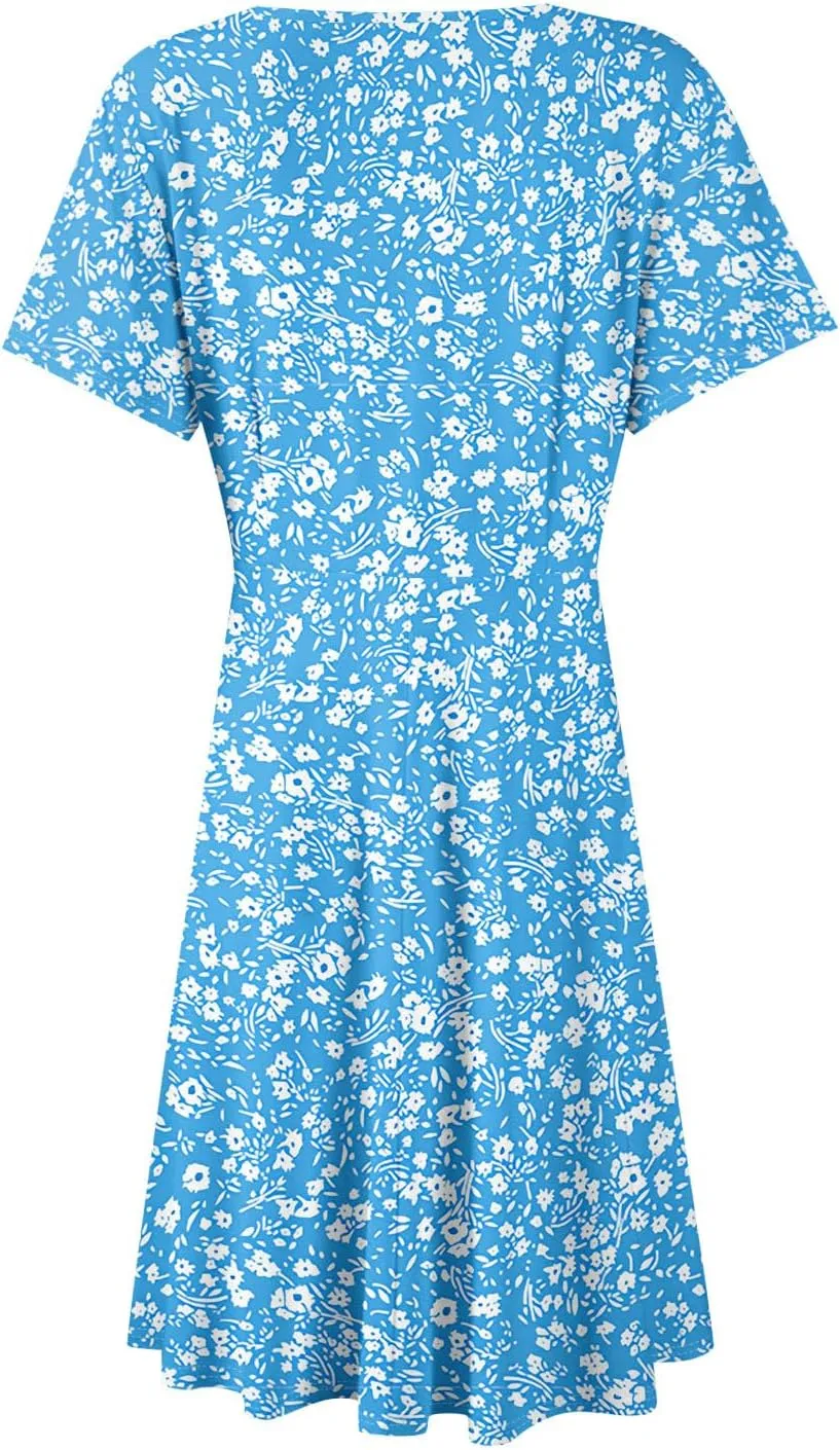 Floral Dress for Women Casual Summer V Neck Short Sleeve Knee Length Wrap Dress Cute Sundresses for Beach Vacation