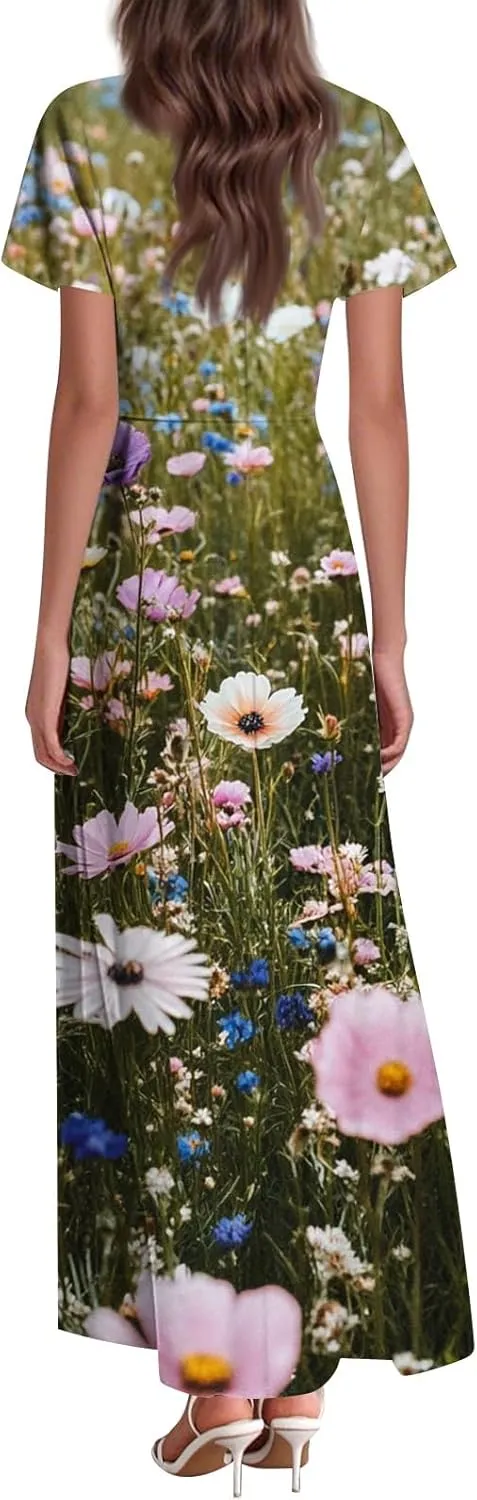 Floral Dress for Women Summer Casual Trendy Short Sleeve V-Neck Print Flowy Boho Maxi Dresses Vacation Outfits