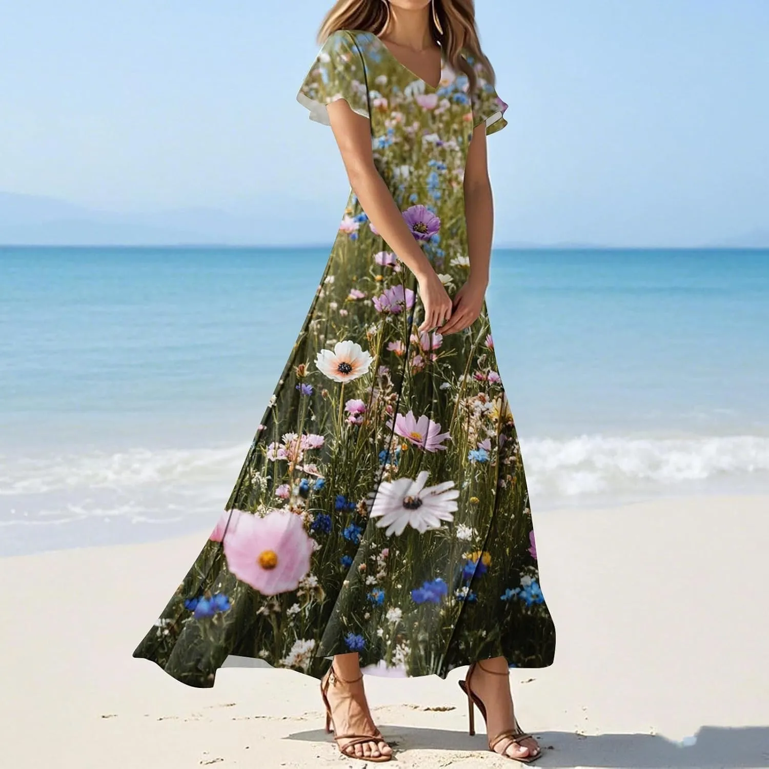Floral Dress for Women Summer Casual Trendy Short Sleeve V-Neck Print Flowy Boho Maxi Dresses Vacation Outfits