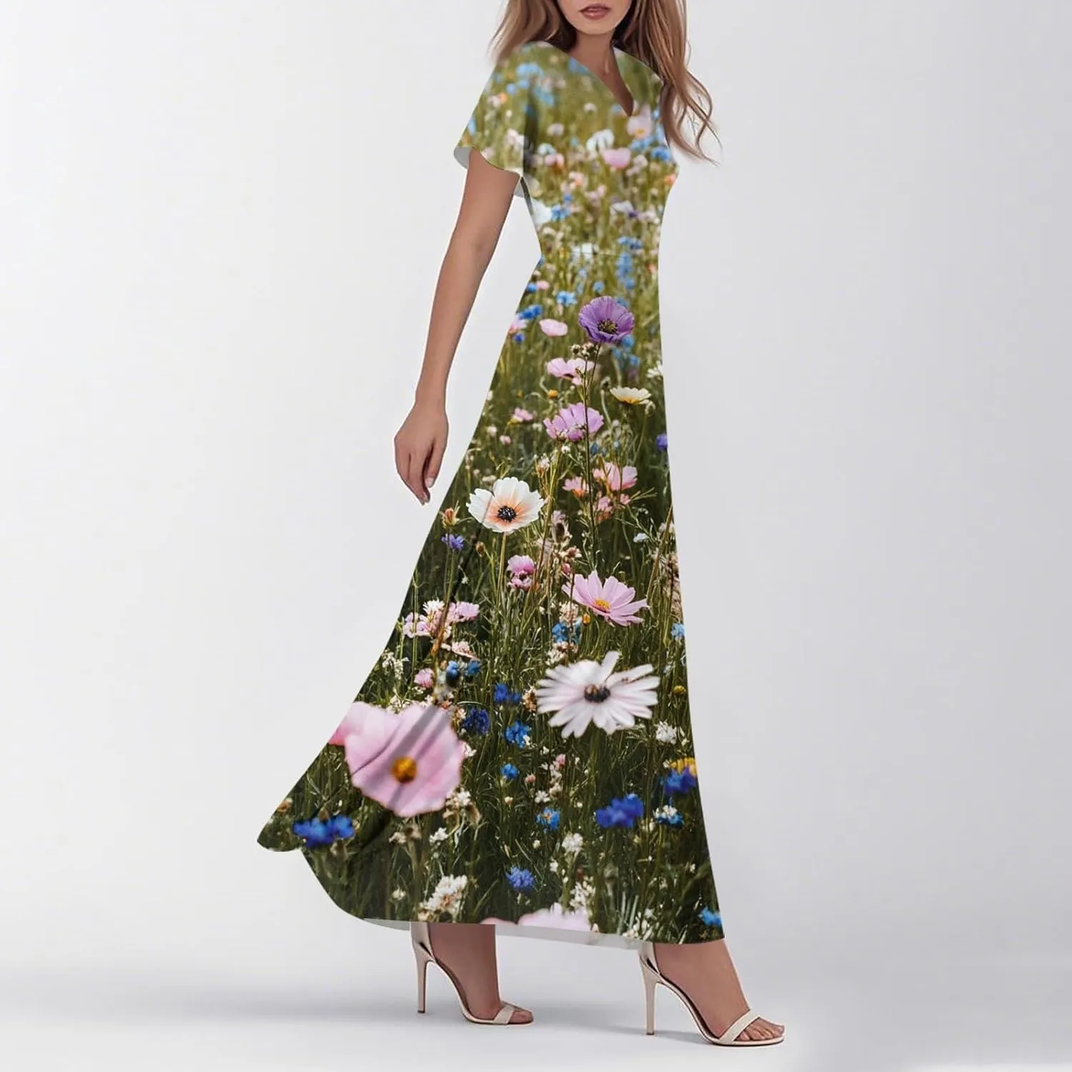 Floral Dress for Women Summer Casual Trendy Short Sleeve V-Neck Print Flowy Boho Maxi Dresses Vacation Outfits
