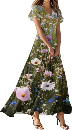 Floral Dress for Women Summer Casual Trendy Short Sleeve V-Neck Print Flowy Boho Maxi Dresses Vacation Outfits