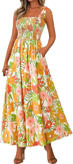 Floral Maxi Dress Summer Boho Beach Vacation Tie Strap Smocked Empire Waist Long Fit and Flare Dress with Pockets