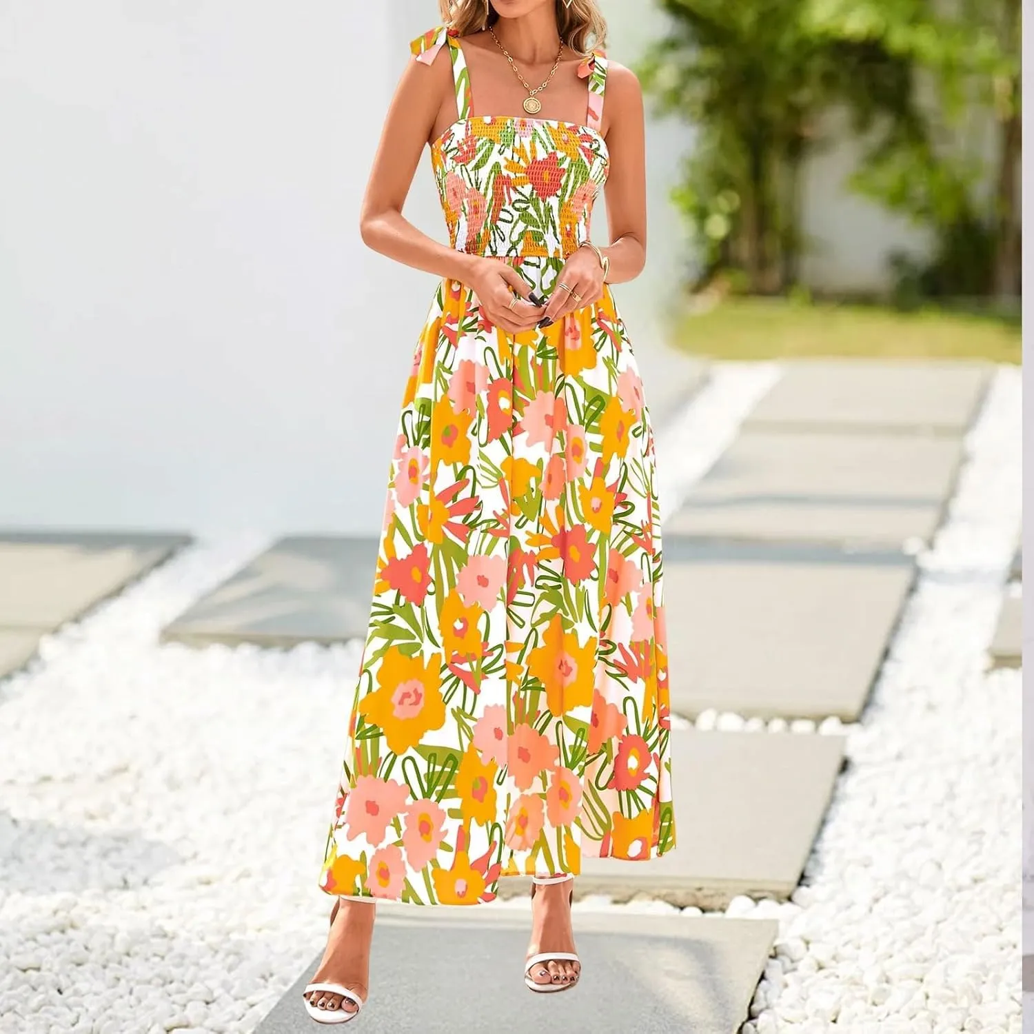 Floral Maxi Dress Summer Boho Beach Vacation Tie Strap Smocked Empire Waist Long Fit and Flare Dress with Pockets