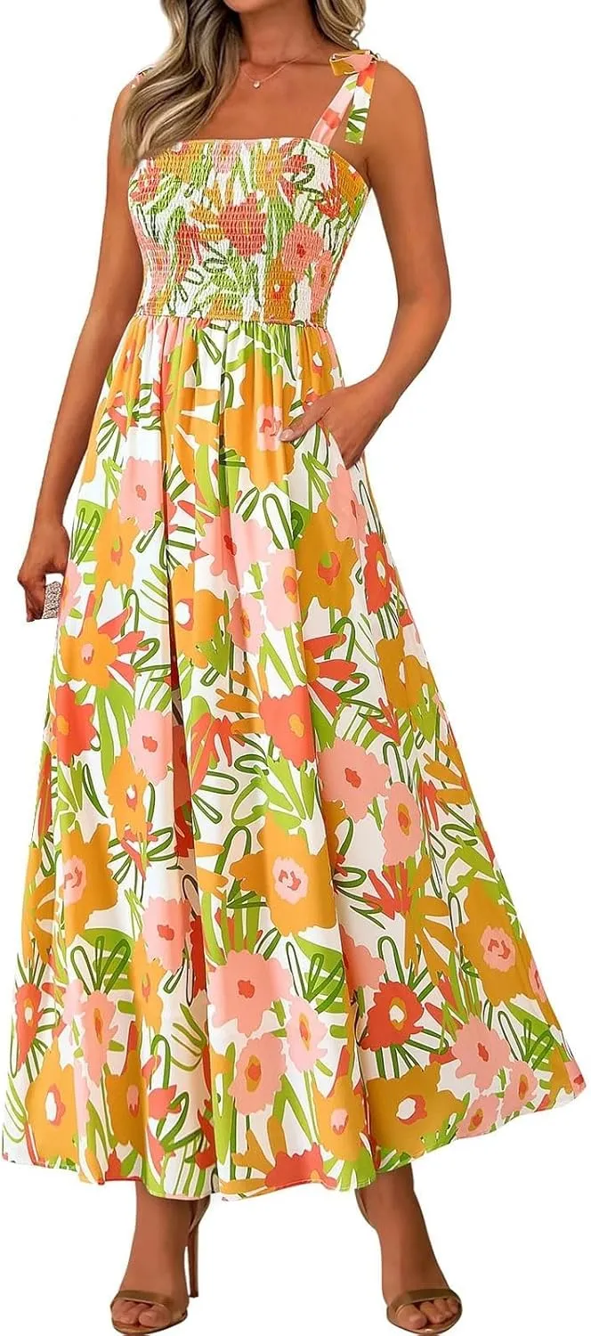 Floral Maxi Dress Summer Boho Beach Vacation Tie Strap Smocked Empire Waist Long Fit and Flare Dress with Pockets