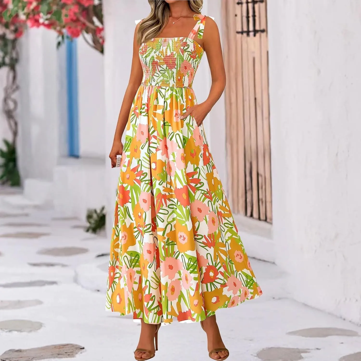 Floral Maxi Dress Summer Boho Beach Vacation Tie Strap Smocked Empire Waist Long Fit and Flare Dress with Pockets