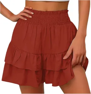Flowy Running Shorts for Women High Waisted Solid Color Summer Tennis Skirts Trendy Casual Boho Ruffled Tiered Skort