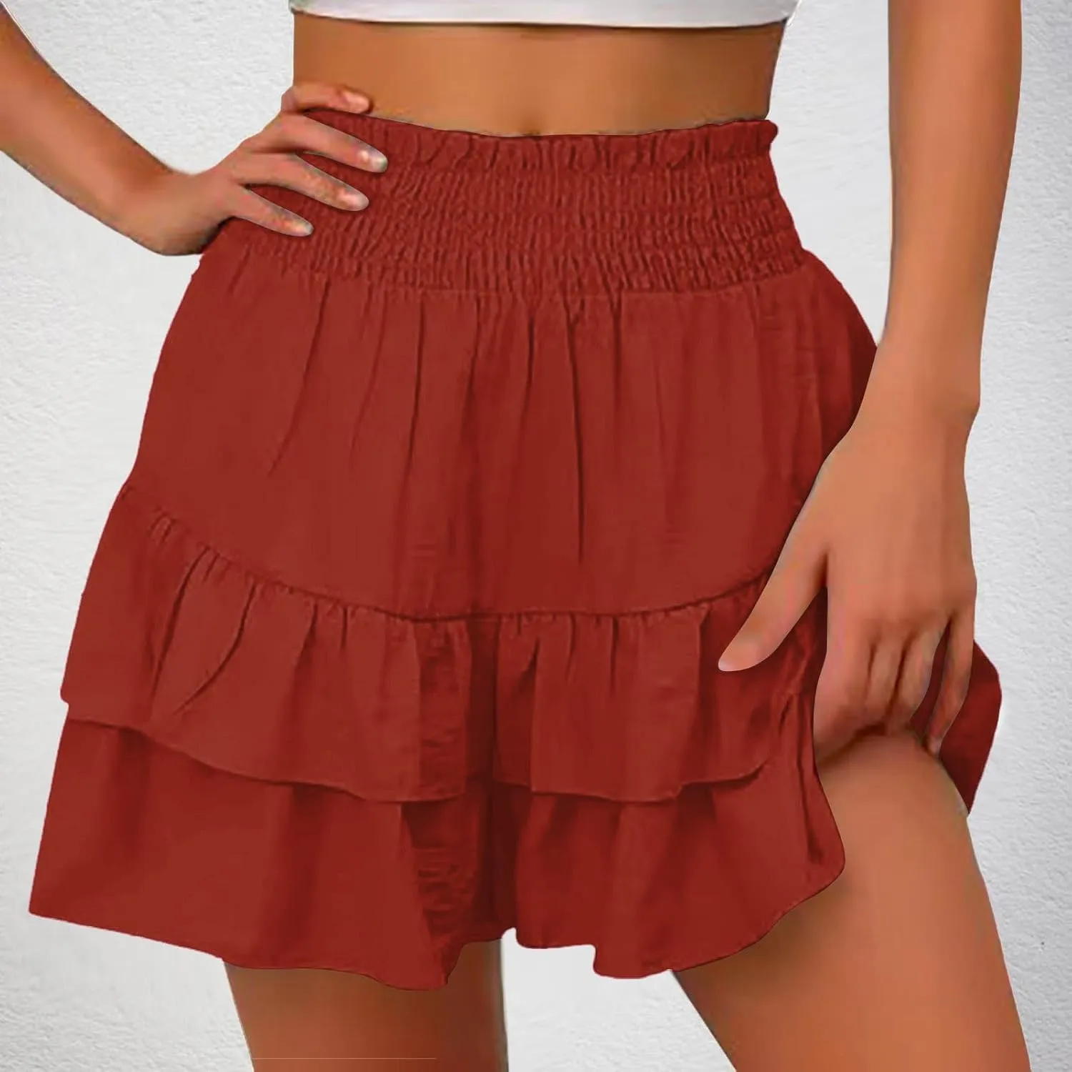 Flowy Running Shorts for Women High Waisted Solid Color Summer Tennis Skirts Trendy Casual Boho Ruffled Tiered Skort