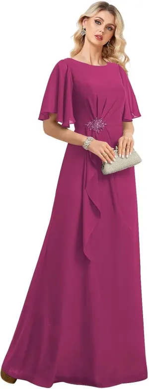 Flowy Short Sleeves Orchid Mother of The Groom Dresses Ruffle A Line Scoop Neck Pleated Chiffon Long Formal Evening Dress for Women Size 4