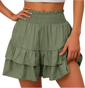 Flowy Shorts for Women 2025 Boho Ruffled Tiered Skorts Casual High Waist Mini Skirts Solid Color Comfy Shorts