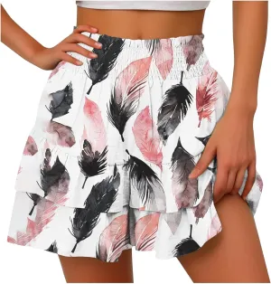 Flowy Shorts for Women Summer Boho Floral Print Ruffle Mini Skirts Comfy Baggy High Waisted Tennis Running Shorts