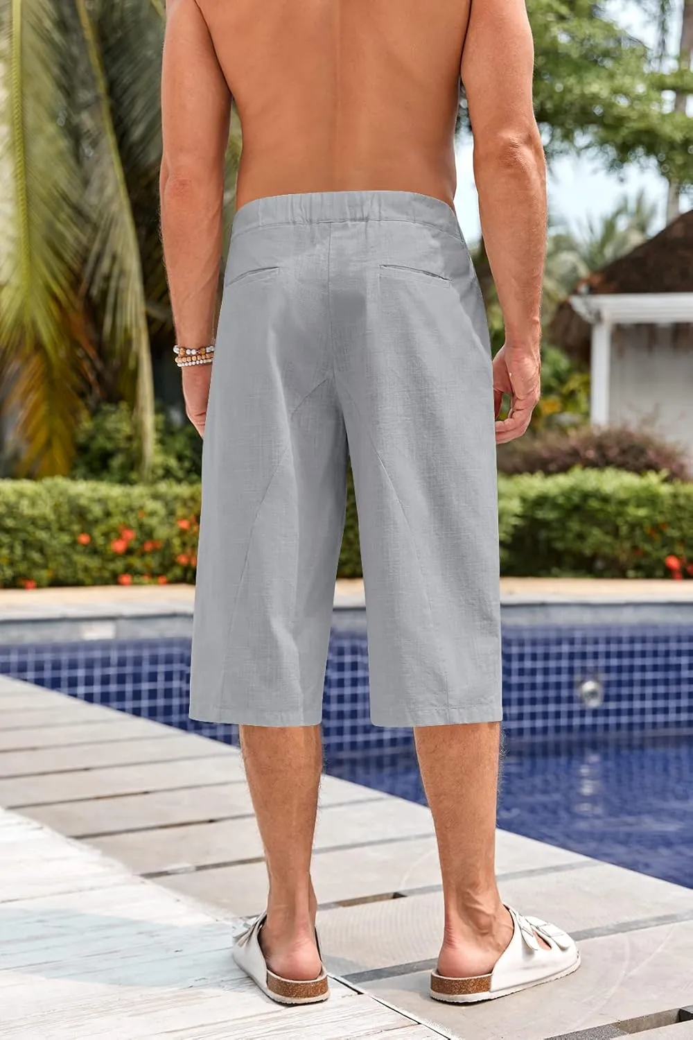 Fommykin Men's Cotton Linen Capri Pants Baggy Harem Drawstring Yoga Beach Pants with Pockets