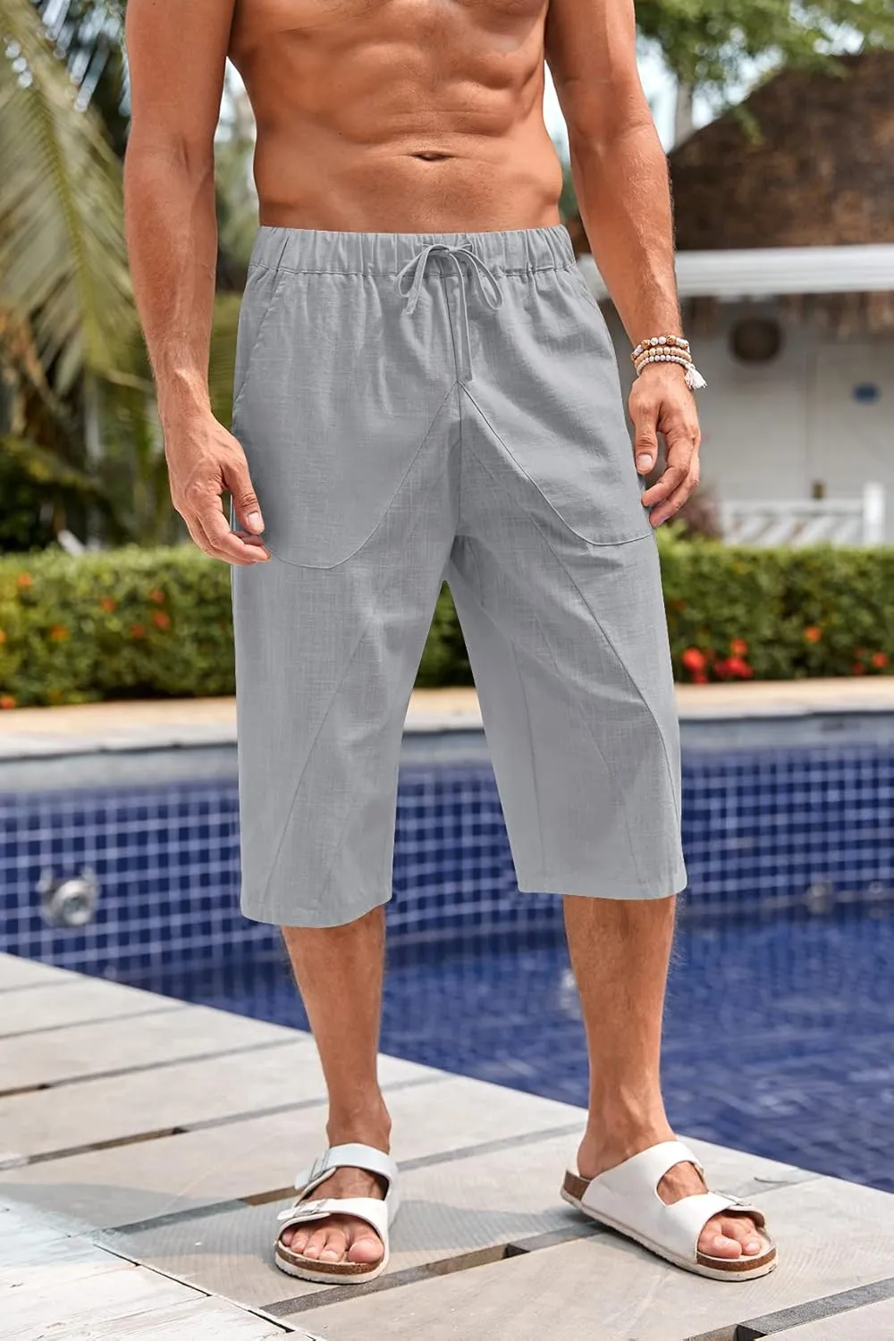 Fommykin Men's Cotton Linen Capri Pants Baggy Harem Drawstring Yoga Beach Pants with Pockets