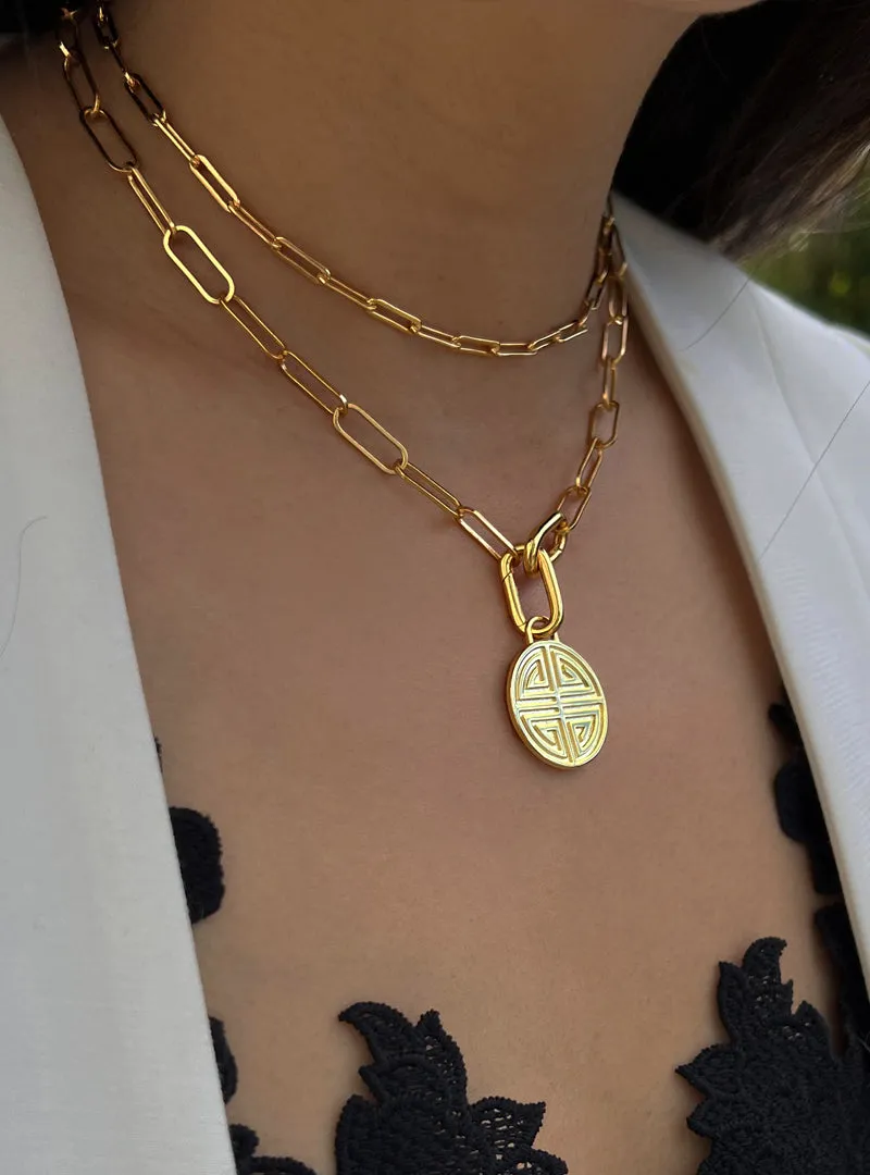 FOUR BLESSINGS Lucky Charm Coin Pendant Link Chain Necklace | Gender Neutral