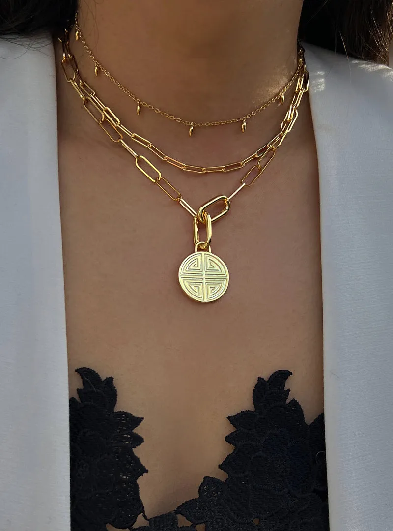 FOUR BLESSINGS Lucky Charm Coin Pendant Link Chain Necklace | Gender Neutral